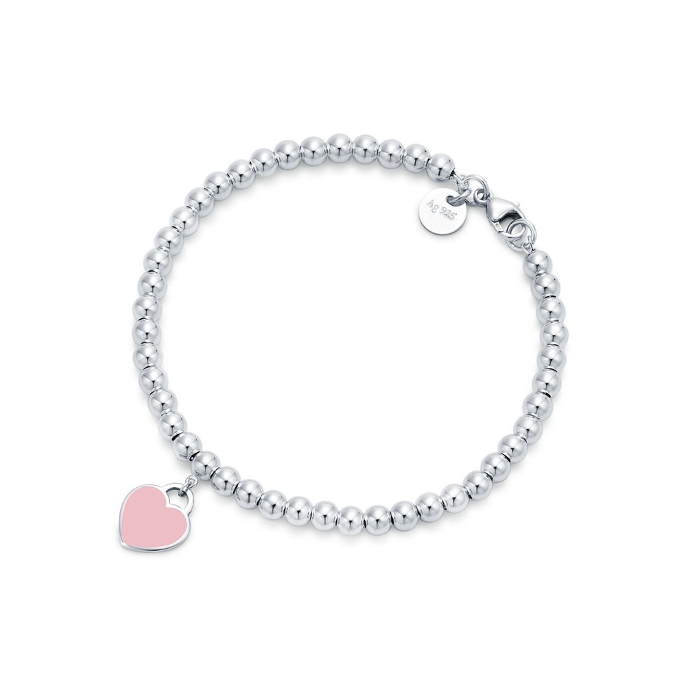 Tiffany Silver Beaded Bracelet with Pink Heart Charm